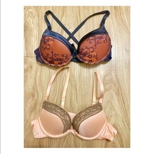 Bundle Two Aerie 32A and 34A Lace Push-Up Bras, Emma Bra, Orange / Black / Pink